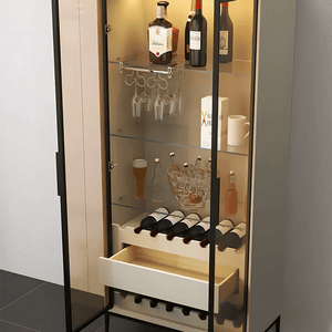 Delfina Modern Wine Cabinet with Wine Rack & LED Lighting – Light Grey Wooden Finish Storage Cabinet with Glass Doors, MDF Frame & Stainless Steel Accents – Contemporary Home Bar Unit - Sleek Furniture