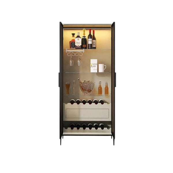 Delfina Modern Wine Cabinet with Wine Rack & LED Lighting – Light Grey Wooden Finish Storage Cabinet with Glass Doors, MDF Frame & Stainless Steel Accents – Contemporary Home Bar Unit - Sleek Furniture