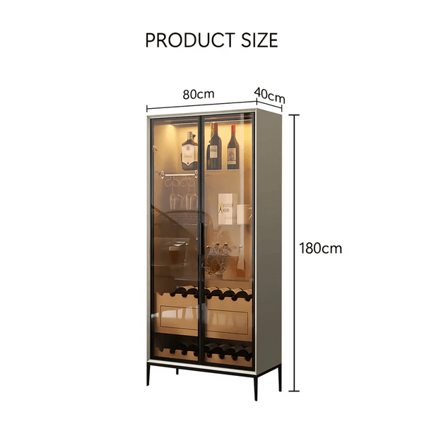 Delfina Modern Wine Cabinet with Wine Rack & LED Lighting – Light Grey Wooden Finish Storage Cabinet with Glass Doors, MDF Frame & Stainless Steel Accents – Contemporary Home Bar Unit - Sleek Furniture