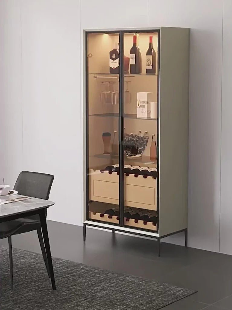 Delfina Modern Wine Cabinet with Wine Rack & LED Lighting – Light Grey Wooden Finish Storage Cabinet with Glass Doors, MDF Frame & Stainless Steel Accents – Contemporary Home Bar Unit - Sleek Furniture