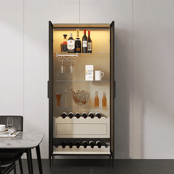 Delfina Modern Wine Cabinet with Wine Rack & LED Lighting – Light Grey Wooden Finish Storage Cabinet with Glass Doors, MDF Frame & Stainless Steel Accents – Contemporary Home Bar Unit - Sleek Furniture