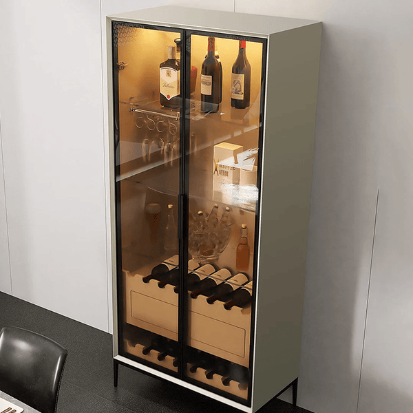 Delfina Modern Wine Cabinet with Wine Rack & LED Lighting – Light Grey Wooden Finish Storage Cabinet with Glass Doors, MDF Frame & Stainless Steel Accents – Contemporary Home Bar Unit - Sleek Furniture