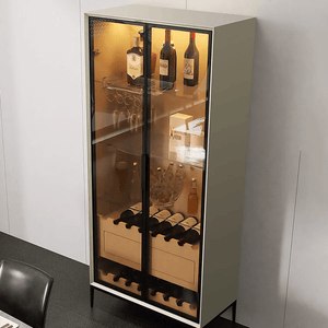 Delfina Modern Wine Cabinet with Wine Rack & LED Lighting – Light Grey Wooden Finish Storage Cabinet with Glass Doors, MDF Frame & Stainless Steel Accents – Contemporary Home Bar Unit - Sleek Furniture