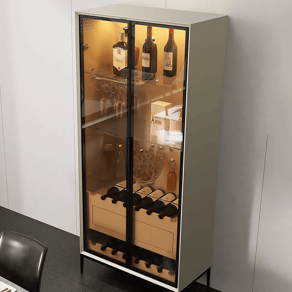 Delfina Modern Wine Cabinet with Wine Rack & LED Lighting – Light Grey Wooden Finish Storage Cabinet with Glass Doors, MDF Frame & Stainless Steel Accents – Contemporary Home Bar Unit - Sleek Furniture