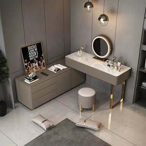 Dempsey Extendable Corner Dressing Table with Sideboard Storage, Modern Vanity Desk with Drawers, Khaki Grey Bedroom Makeup Table - Sleek Furniture