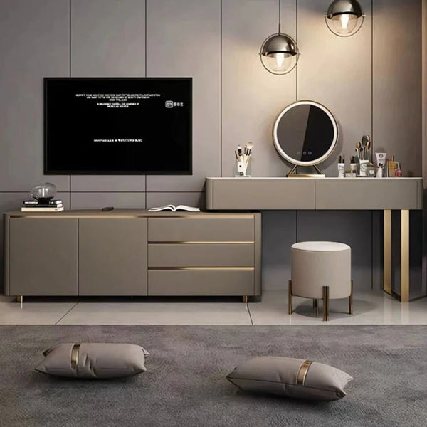Dempsey Extendable Corner Dressing Table with Sideboard Storage, Modern Vanity Desk with Drawers, Khaki Grey Bedroom Makeup Table - Sleek Furniture