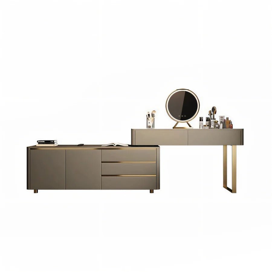 Dempsey Extendable Corner Dressing Table with Sideboard Storage, Modern Vanity Desk with Drawers, Khaki Grey Bedroom Makeup Table - Sleek Furniture