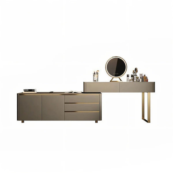 Dempsey Extendable Corner Dressing Table with Sideboard Storage, Modern Vanity Desk with Drawers, Khaki Grey Bedroom Makeup Table - Sleek Furniture