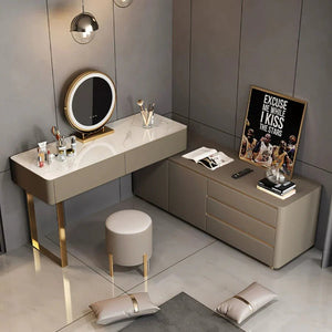 Dempsey Extendable Corner Dressing Table with Sideboard Storage, Modern Vanity Desk with Drawers, Khaki Grey Bedroom Makeup Table - Sleek Furniture