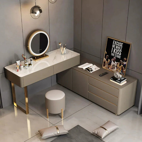Dempsey Extendable Corner Dressing Table with Sideboard Storage, Modern Vanity Desk with Drawers, Khaki Grey Bedroom Makeup Table - Sleek Furniture