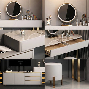 Dempsey Extendable Corner Dressing Table with Sideboard Storage, Modern Vanity Desk with Drawers, Khaki Grey Bedroom Makeup Table - Sleek Furniture
