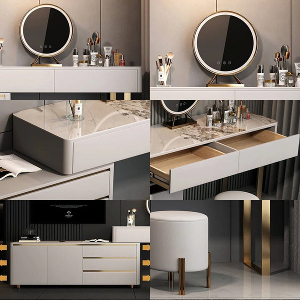 Dempsey Extendable Corner Dressing Table with Sideboard Storage, Modern Vanity Desk with Drawers, Khaki Grey Bedroom Makeup Table - Sleek Furniture