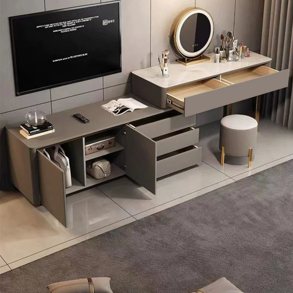 Dempsey Extendable Corner Dressing Table with Sideboard Storage, Modern Vanity Desk with Drawers, Khaki Grey Bedroom Makeup Table - Sleek Furniture