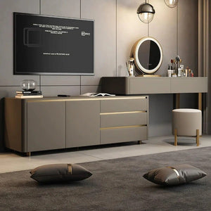 Dempsey Extendable Corner Dressing Table with Sideboard Storage, Modern Vanity Desk with Drawers, Khaki Grey Bedroom Makeup Table - Sleek Furniture