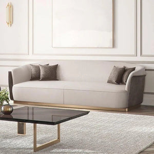 Demure Three Seater Velvet Sofa | Modern Contemporary 3-Seater Couch with Painted Steel Frame | Beige, Brown & Green Upholstered Living Room Sofa - Sleek Furniture