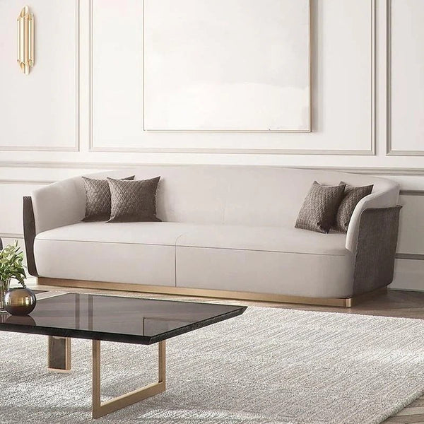 Demure Three Seater Velvet Sofa | Modern Contemporary 3-Seater Couch with Painted Steel Frame | Beige, Brown & Green Upholstered Living Room Sofa - Sleek Furniture