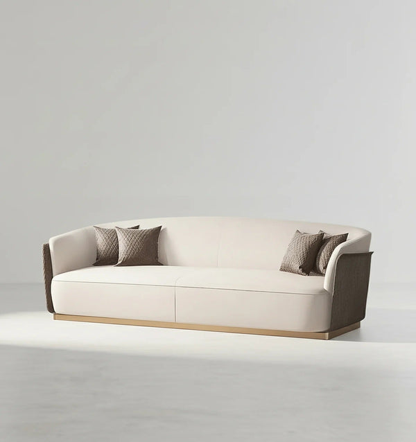 Demure Three Seater Velvet Sofa | Modern Contemporary 3-Seater Couch with Painted Steel Frame | Beige, Brown & Green Upholstered Living Room Sofa - Sleek Furniture