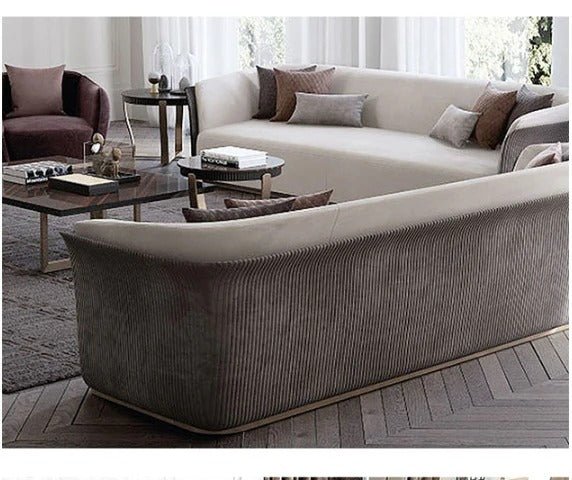 Demure Three Seater Velvet Sofa | Modern Contemporary 3-Seater Couch with Painted Steel Frame | Beige, Brown & Green Upholstered Living Room Sofa - Sleek Furniture