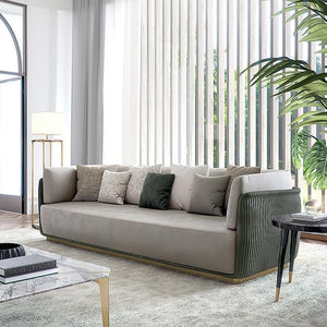Demure Three Seater Velvet Sofa | Modern Contemporary 3-Seater Couch with Painted Steel Frame | Beige, Brown & Green Upholstered Living Room Sofa - Sleek Furniture