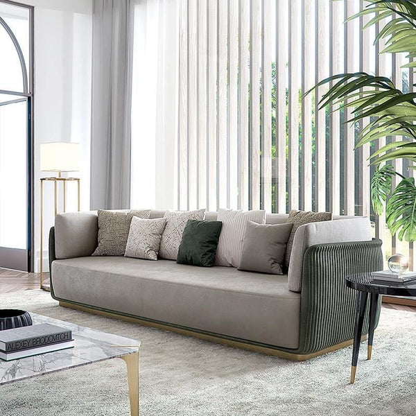 Demure Three Seater Velvet Sofa | Modern Contemporary 3-Seater Couch with Painted Steel Frame | Beige, Brown & Green Upholstered Living Room Sofa - Sleek Furniture