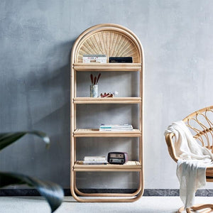 Derek Oak Rattan Bookcase Shelving Unit – Contemporary Wooden Storage Display Shelf with Natural Rattan Design for Living Room, Bedroom & Office - Sleek Furniture
