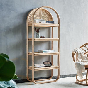 Derek Oak Rattan Bookcase Shelving Unit – Contemporary Wooden Storage Display Shelf with Natural Rattan Design for Living Room, Bedroom & Office - Sleek Furniture