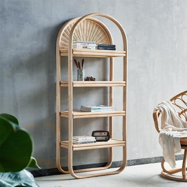 Derek Oak Rattan Bookcase Shelving Unit – Contemporary Wooden Storage Display Shelf with Natural Rattan Design for Living Room, Bedroom & Office - Sleek Furniture