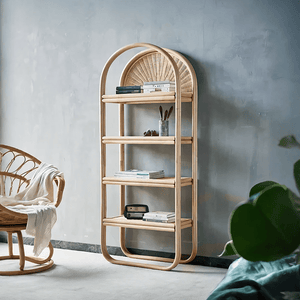Derek Oak Rattan Bookcase Shelving Unit – Contemporary Wooden Storage Display Shelf with Natural Rattan Design for Living Room, Bedroom & Office - Sleek Furniture