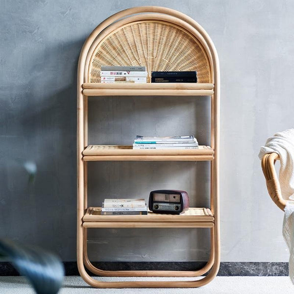 Derek Oak Rattan Bookcase Shelving Unit – Contemporary Wooden Storage Display Shelf with Natural Rattan Design for Living Room, Bedroom & Office - Sleek Furniture