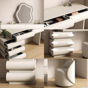 Dinah Dressing Table with Sideboard – Contemporary Bedroom Vanity Table with Storage, Cream or Black Finish | Solid Wood Dressing Table Furniture (Optional LED Mirror Style) - Sleek Furniture