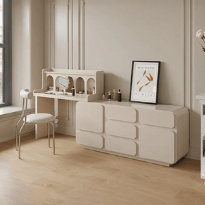 Dinah Dressing Table with Sideboard – Contemporary Bedroom Vanity Table with Storage, Cream or Black Finish | Solid Wood Dressing Table Furniture (Optional LED Mirror Style) - Sleek Furniture