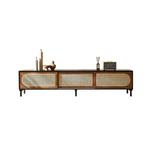 Dogon Rattan TV Stand Cabinet with Storage Doors, Solid Wood Entertainment Unit for Living Room, Modern Black TV Console with Natural Rattan Design - Sleek Furniture