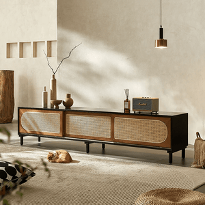 Dogon Rattan TV Stand Cabinet with Storage Doors, Solid Wood Entertainment Unit for Living Room, Modern Black TV Console with Natural Rattan Design - Sleek Furniture