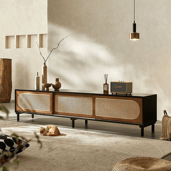 Dogon Rattan TV Stand Cabinet with Storage Doors, Solid Wood Entertainment Unit for Living Room, Modern Black TV Console with Natural Rattan Design - Sleek Furniture