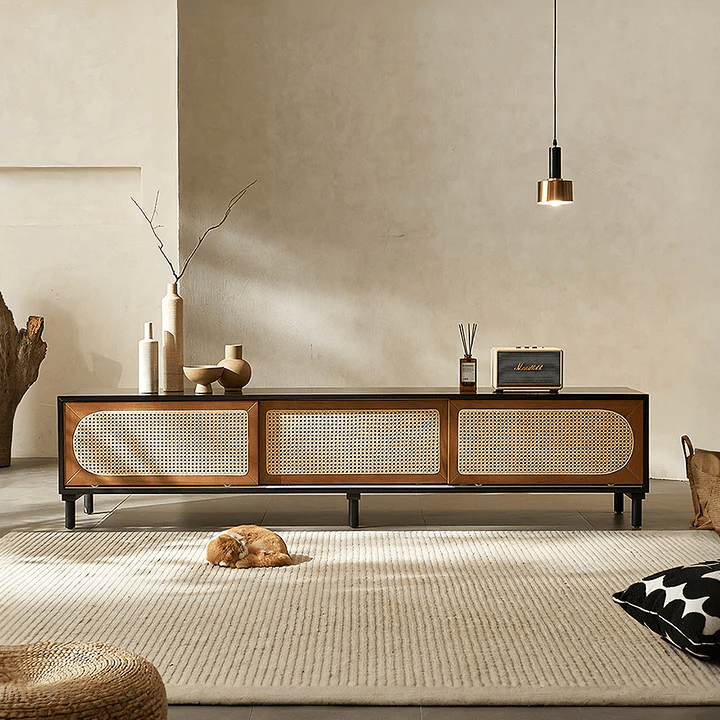 Dogon Rattan TV Stand Cabinet with Storage Doors, Solid Wood Entertainment Unit for Living Room, Modern Black TV Console with Natural Rattan Design - Sleek Furniture