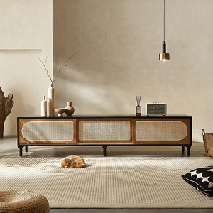 Dogon Rattan TV Stand Cabinet with Storage Doors, Solid Wood Entertainment Unit for Living Room, Modern Black TV Console with Natural Rattan Design - Sleek Furniture