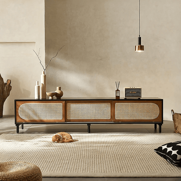 Dogon Rattan TV Stand Cabinet with Storage Doors, Solid Wood Entertainment Unit for Living Room, Modern Black TV Console with Natural Rattan Design - Sleek Furniture
