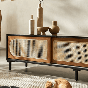 Dogon Rattan TV Stand Cabinet with Storage Doors, Solid Wood Entertainment Unit for Living Room, Modern Black TV Console with Natural Rattan Design - Sleek Furniture
