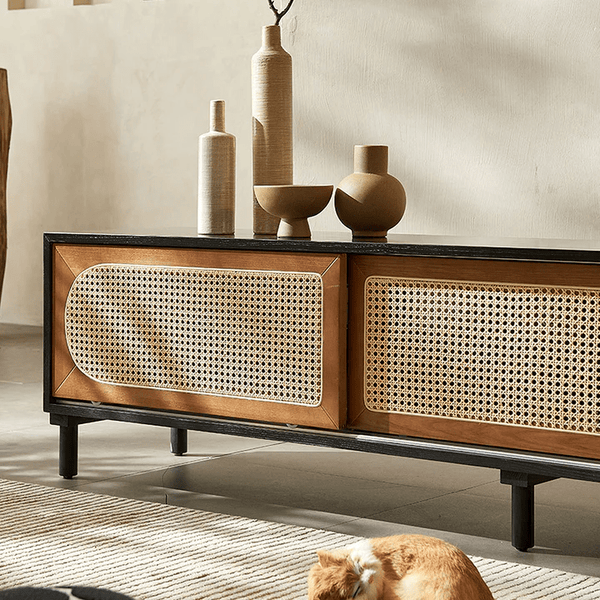 Dogon Rattan TV Stand Cabinet with Storage Doors, Solid Wood Entertainment Unit for Living Room, Modern Black TV Console with Natural Rattan Design - Sleek Furniture