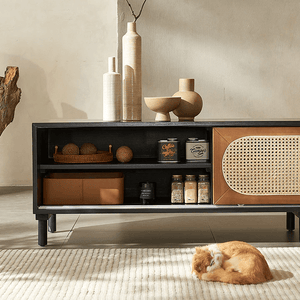 Dogon Rattan TV Stand Cabinet with Storage Doors, Solid Wood Entertainment Unit for Living Room, Modern Black TV Console with Natural Rattan Design - Sleek Furniture
