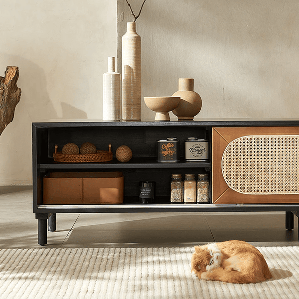 Dogon Rattan TV Stand Cabinet with Storage Doors, Solid Wood Entertainment Unit for Living Room, Modern Black TV Console with Natural Rattan Design - Sleek Furniture