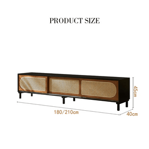 Dogon Rattan TV Stand Cabinet with Storage Doors, Solid Wood Entertainment Unit for Living Room, Modern Black TV Console with Natural Rattan Design - Sleek Furniture