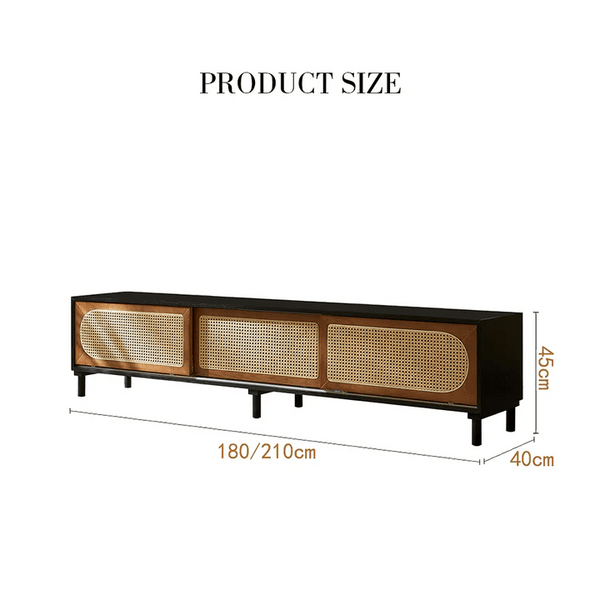 Dogon Rattan TV Stand Cabinet with Storage Doors, Solid Wood Entertainment Unit for Living Room, Modern Black TV Console with Natural Rattan Design - Sleek Furniture
