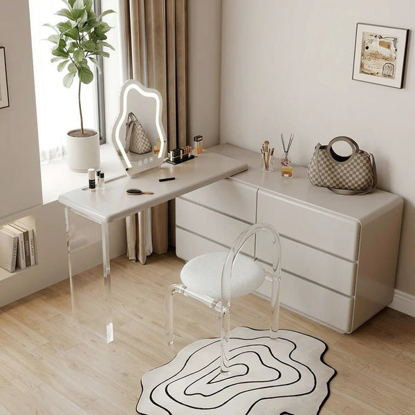 Dominic Modern Dressing Table with Sideboard, LED Mirror & Storage Vanity Desk, Cream Grey - Sleek Furniture