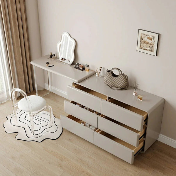 Dominic Modern Dressing Table with Sideboard, LED Mirror & Storage Vanity Desk, Cream Grey - Sleek Furniture