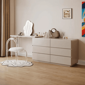 Dominic Modern Dressing Table with Sideboard, LED Mirror & Storage Vanity Desk, Cream Grey - Sleek Furniture
