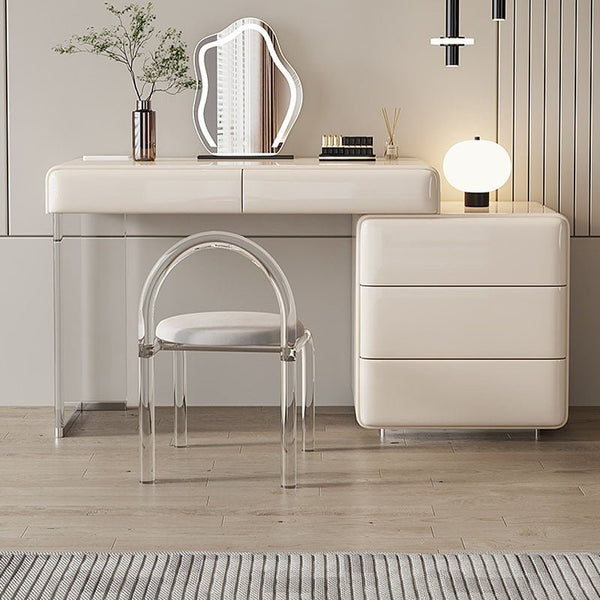 Donnelly Luxury Dressing Table with LED Mirror, Cream Vanity Desk with Sintered Stone Top & Stainless Steel Frame - Sleek Furniture