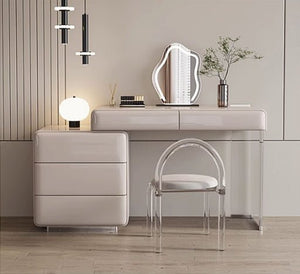 Donnelly Luxury Dressing Table with LED Mirror, Cream Vanity Desk with Sintered Stone Top & Stainless Steel Frame - Sleek Furniture