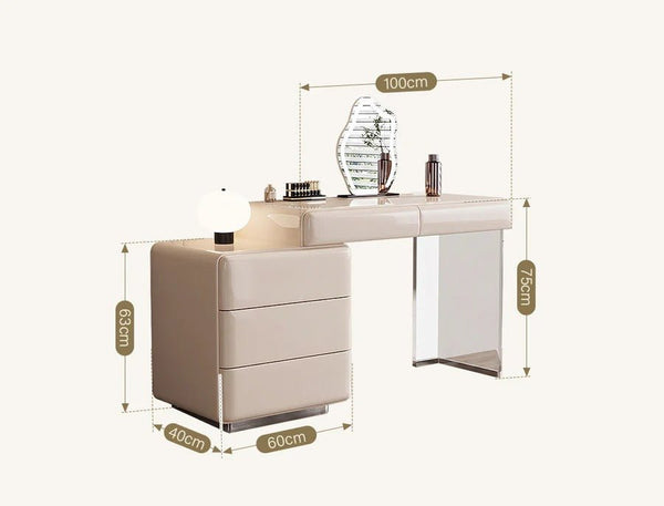 Donnelly Luxury Dressing Table with LED Mirror, Cream Vanity Desk with Sintered Stone Top & Stainless Steel Frame - Sleek Furniture