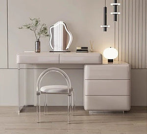 Donnelly Luxury Dressing Table with LED Mirror, Cream Vanity Desk with Sintered Stone Top & Stainless Steel Frame - Sleek Furniture